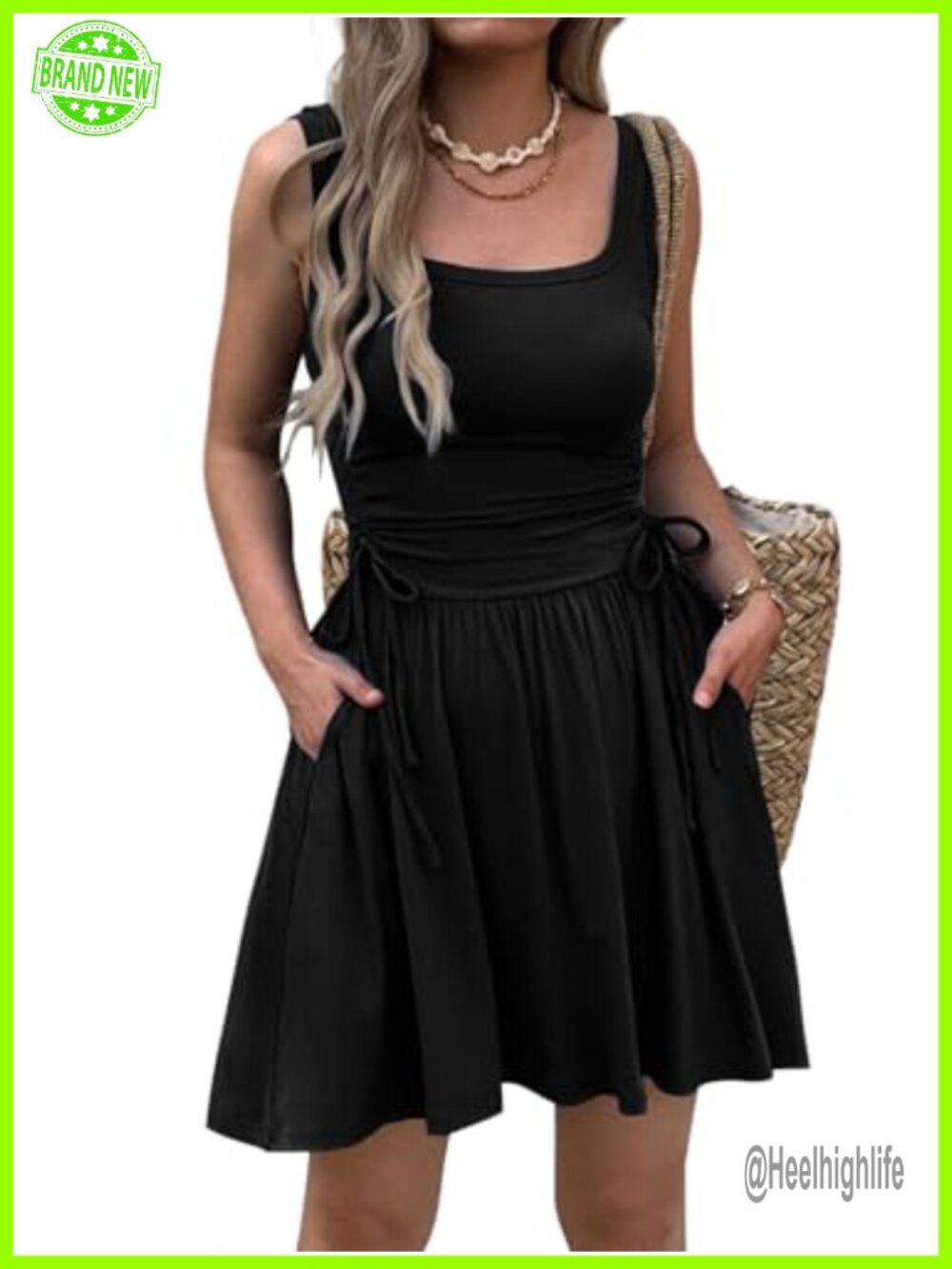 Women Summer Sleeveless Ruched Waist Mini Dress with Pockets Casual A-Line